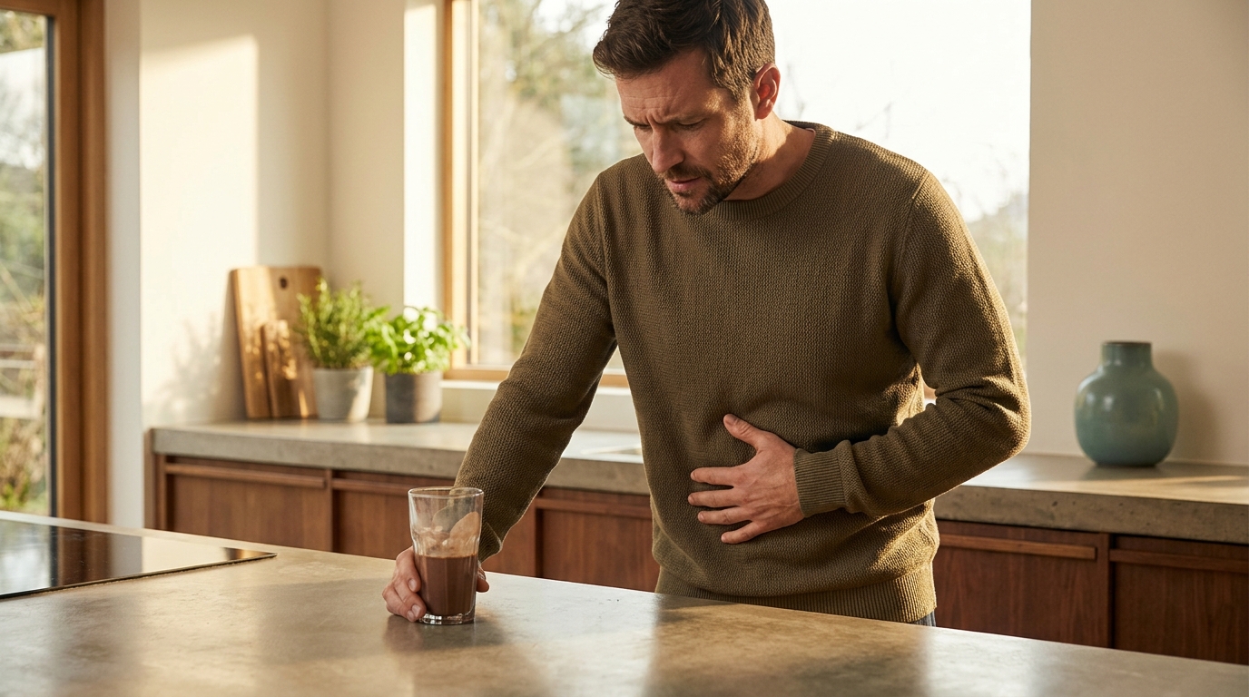 Man in his kitchen with a hand on his stomach, gut discomfort from a shake