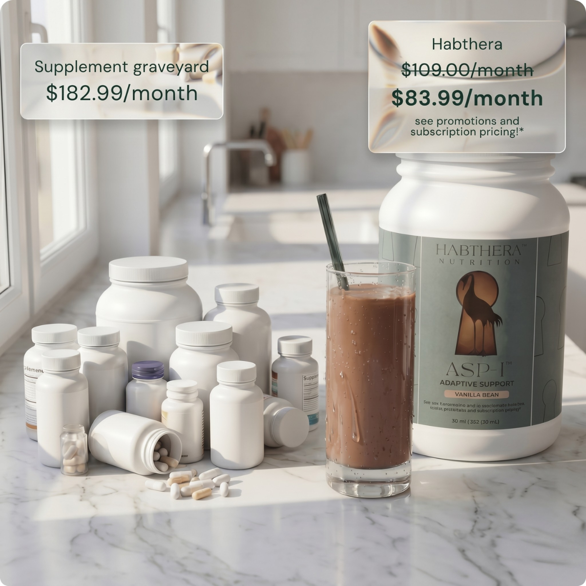 Supplement graveyard at $182.99/month vs. Habthera ASP-1 at $83.99/month